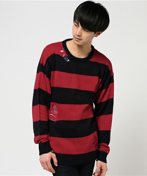 CASPER JOHN AIVER（キャスパージョンアイバー）の「CASPER JOHN AIVER　ダメージビッグニット（ニット/セーター・メンズ・ホワイト×ブラック/ブラック/ブラック×レッド・MEDIUM/LARGE）」の10枚目の写真