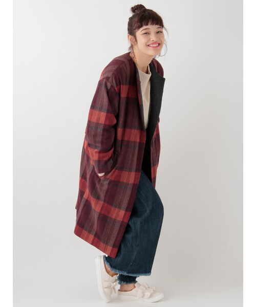 w closet（ダブルクローゼット）の「起毛チェック柄オープンカラーコート（ジャケット/アウター・レディース・レッド/オレンジ・FREE）」の11枚目の写真