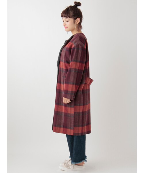 w closet（ダブルクローゼット）の「起毛チェック柄オープンカラーコート（ジャケット/アウター・レディース・レッド/オレンジ・FREE）」の4枚目の写真