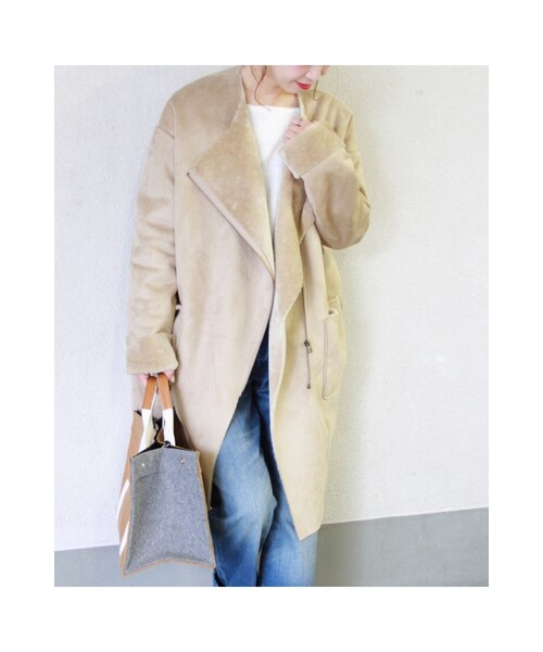 JOURNAL STANDARD（ジャーナルスタンダード）の「《予約》フェイクムートンノーカラーコート◆（ジャケット/アウター・ブラック/ベージュ/カーキ・S/M）」の13枚目の写真