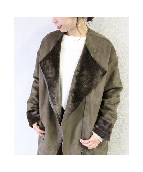 JOURNAL STANDARD（ジャーナルスタンダード）の「《予約》フェイクムートンノーカラーコート◆（ジャケット/アウター・ブラック/ベージュ/カーキ・S/M）」の10枚目の写真