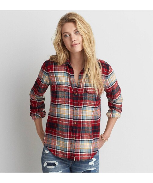 American Eagle（アメリカンイーグル）の「AEOソフトフランネルシャツ（シャツ/ブラウス・レディース・グリーン/ネイビー/レッド・XXS/XS/S/M/L/XL）」の3枚目の写真