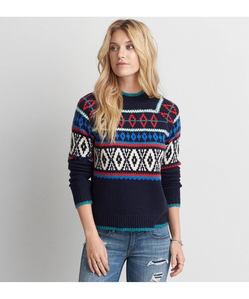 American Eagle（アメリカンイーグル）の「AEOフェアアイルモックネックセーター（ニット/セーター・レディース・オートミール/ネイビー・XXS/XS/S/M/L/XL）」の2枚目の写真