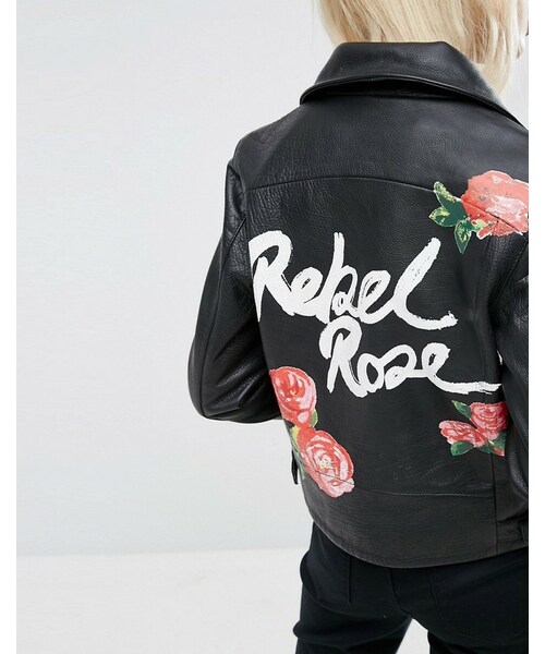 asos(エイソス)の「ASOS Leather Biker Jacket in Black with Rebel Rose Back Print(ライダースジャケット・レディース・Black・US 2/US 10/US 4/US 6/US 0/US 8/US 14/US 12)」の3枚目の写真