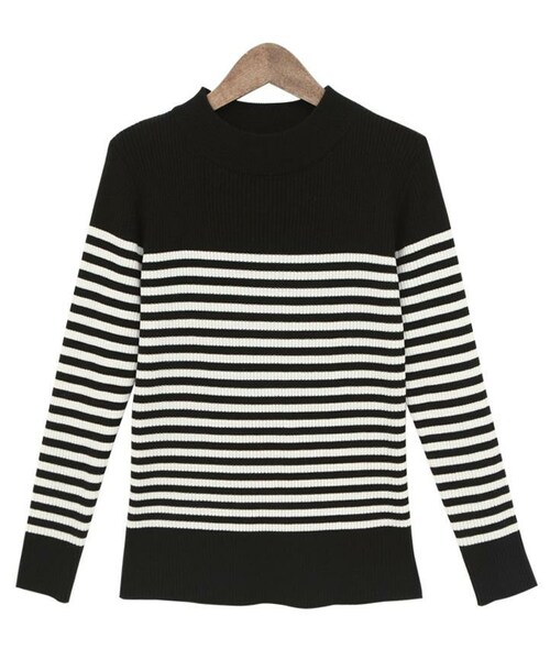 Dailyabout(デイリーアバウト)の「ボーダープチハイネック8分袖リブニット(P0000VYS)(Tシャツ/カットソー・レディース・ブラック、アイボリー・FREE)」の1枚目の写真
