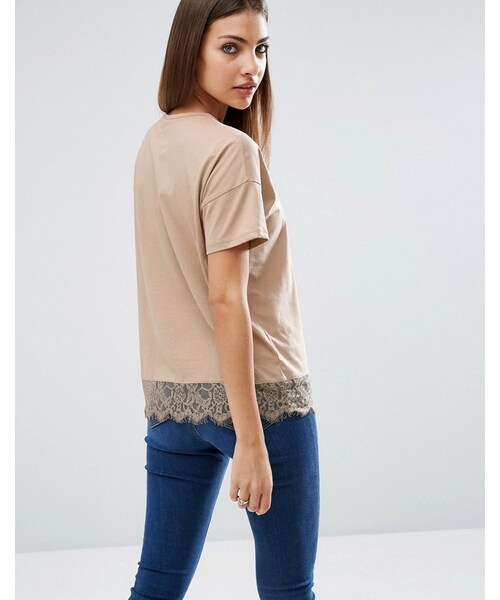 asos（エイソス）の「ASOS Lace Trim Short Sleeve T-Shirt（Tシャツ/カットソー・レディース・Beige・US 2/US 0/US 6/US 4/US 10/US 8/US 14/US 12）」の4枚目の写真