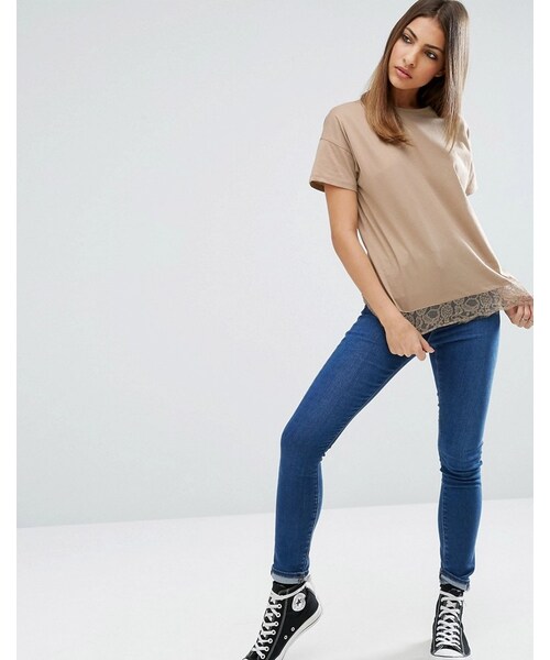 asos（エイソス）の「ASOS Lace Trim Short Sleeve T-Shirt（Tシャツ/カットソー・レディース・Beige・US 2/US 0/US 6/US 4/US 10/US 8/US 14/US 12）」の3枚目の写真