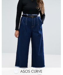 asos | ASOS Curve ASOS CURVE Belted Wide Leg Jeans With Raw Hem(デニムパンツ)