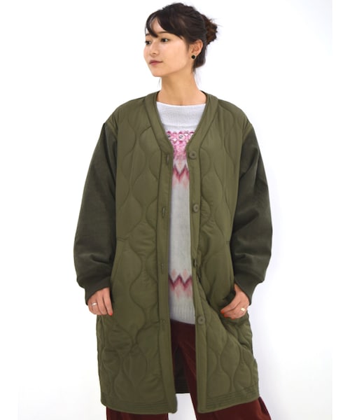 w closet(ダブルクローゼット)の「異素材切替キルティングコート(ジャケット/アウター・レディース・Dカーキ/ブラック・FREE)」の3枚目の写真