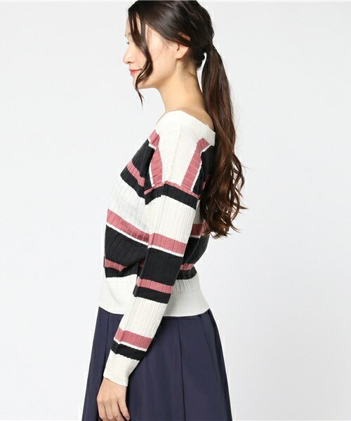 archives（アルシーヴ）の「ワイドリブマルチボーダーニット（ニット/セーター・レディース・オフホワイト/ネイビー/ピンク・MEDIUM）」の5枚目の写真