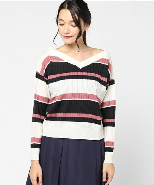 archives（アルシーヴ）の「ワイドリブマルチボーダーニット（ニット/セーター・レディース・オフホワイト/ネイビー/ピンク・MEDIUM）」の4枚目の写真
