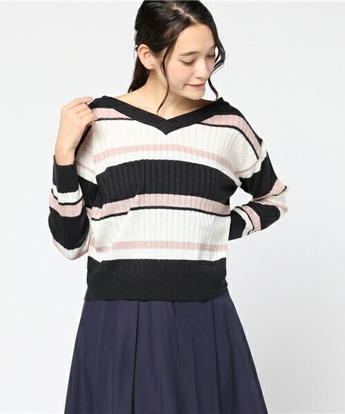 archives（アルシーヴ）の「ワイドリブマルチボーダーニット（ニット/セーター・レディース・オフホワイト/ネイビー/ピンク・MEDIUM）」の2枚目の写真