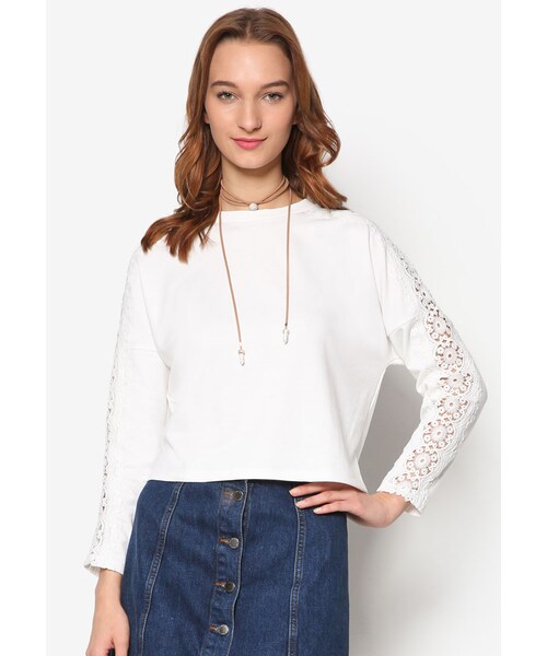 Something Borrowed(サムシングボロウド)の「蕾絲邊飾長袖衫(トップス・レディース・WHITE・S/M/L)」の1枚目の写真