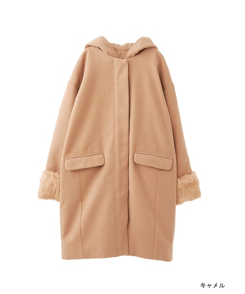 w closet（ダブルクローゼット）の「ラビットファー袖フードコート（ジャケット/アウター・レディース・ピンク/キャメル/グレー・FREE）」の2枚目の写真