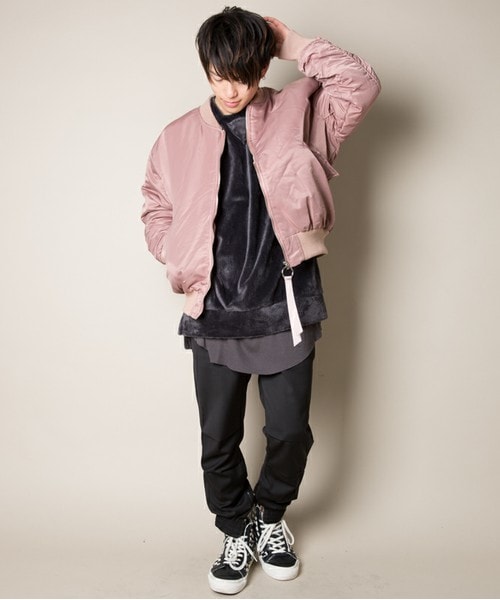 CASPER JOHN AIVER（キャスパージョンアイバー）の「CASPER JOHN AIVER　リブ切りっぱなしビックMA-1（ミリタリージャケット・メンズ・ブラック/ピンク・FREE）」の7枚目の写真