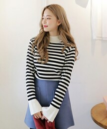 DHOLIC | アンバランスヘムモックネックボーダーニットプルオーバー(ニット/セーター)