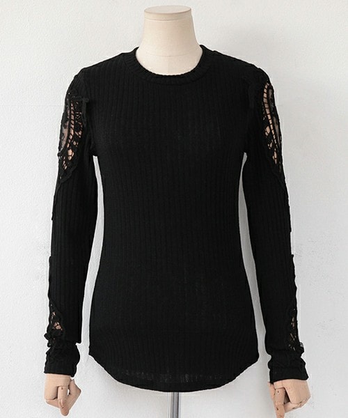 DHOLIC（ディーホリック）の「レーススリーブスリムフィットリブTシャツ（Tシャツ/カットソー・レディース・ホワイト/ブラック・FREE）」の2枚目の写真