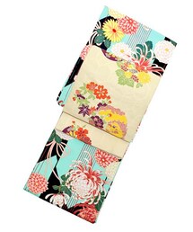 kimonomachi | KIMONOMACHI×YUMEYAKATA　京袋帯、袷着物セット「黒×水色　矢羽に菊花」(浴衣)