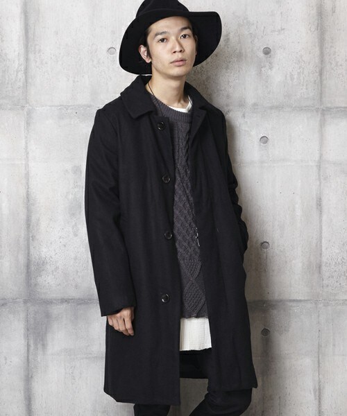 unrelaxing(アンリラクシング)の「ステンカラーコートメルトンロングコート(ステンカラーコート・メンズ・ブラック/ネイビー・SMALL/MEDIUM/LARGE)」の1枚目の写真