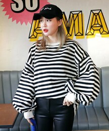 DHOLIC | 裏起毛バルーンスリーブボーダースウェットプルオーバー(スウェット)