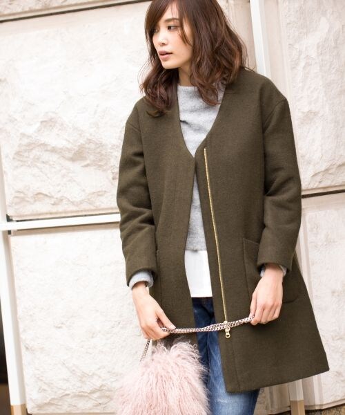 BAYFLOW（ベイフロー）の「エアウールノーカラーコート（ジャケット/アウター・グレー/カーキ/ネイビー）」の2枚目の写真