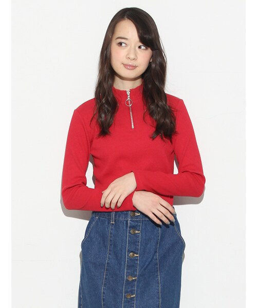 Honeys(ハニーズ)の「リングジップハイネック(カットソー・Tシャツ・レディース・オフ/クロ/アカ/杢グレー/オフ×クロ・M/L)」の1枚目の写真