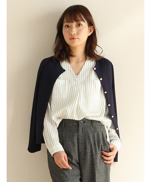 Honeys(ハニーズ)の「リブ編クルーカーデ(カーディガン・レディース・アイボリー/クロ/コン/ピンク/イエロー/ラベンダー/杢グレー/サックス/ベージュ・M/L/LL)」の6枚目の写真