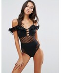 Asos | ASOS Neoprene Frill Lattice Bardot Dot Mesh Swimsuit(Swimwear)