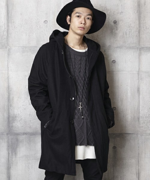 unrelaxing（アンリラクシング）の「メルトン比翼フードロングコート（チェスターコート・メンズ・ブラック/グレー/ベージュ/ネイビー・SMALL/MEDIUM/LARGE）」の6枚目の写真