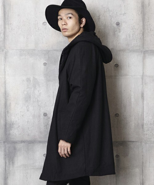 unrelaxing（アンリラクシング）の「メルトン比翼フードロングコート（チェスターコート・メンズ・ブラック/グレー/ベージュ/ネイビー・SMALL/MEDIUM/LARGE）」の9枚目の写真