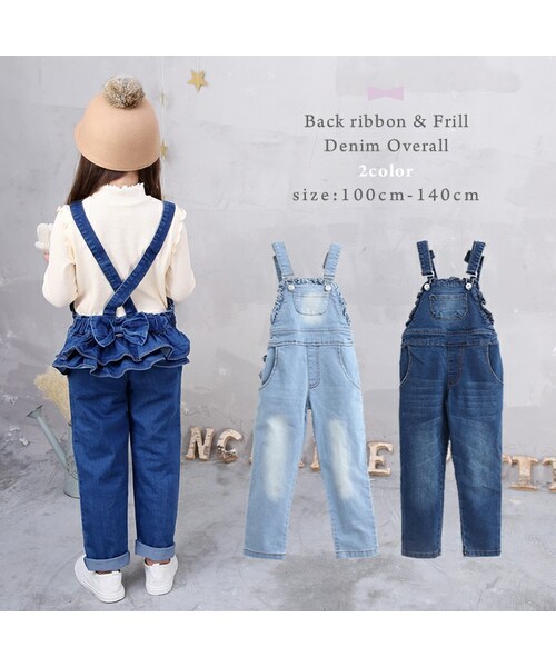 enchante petit(アンシャンテプティ)の「バックフリル&リボンデニムオーバーオール(サロペット/オーバーオール・キッズ・120)」の1枚目の写真