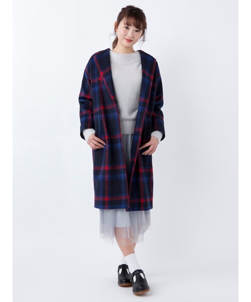 w closet(ダブルクローゼット)の「起毛チェックオープンカラーコート(ジャケット/アウター・レディース・Sピンク/ネイビー・FREE)」の14枚目の写真