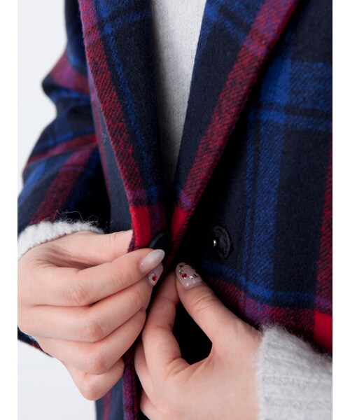 w closet(ダブルクローゼット)の「起毛チェックオープンカラーコート(ジャケット/アウター・レディース・Sピンク/ネイビー・FREE)」の9枚目の写真