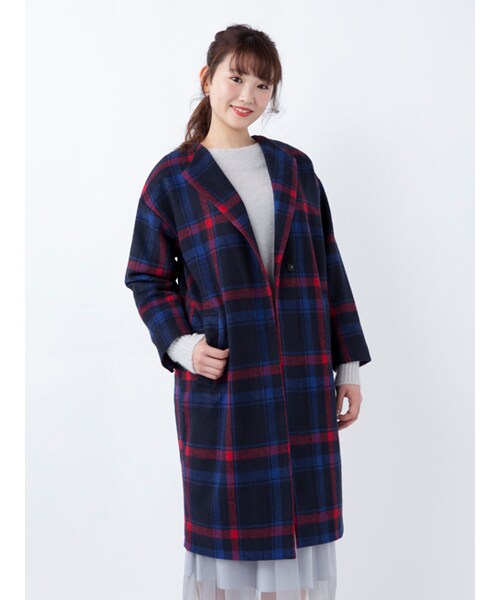 w closet(ダブルクローゼット)の「起毛チェックオープンカラーコート(ジャケット/アウター・レディース・Sピンク/ネイビー・FREE)」の3枚目の写真