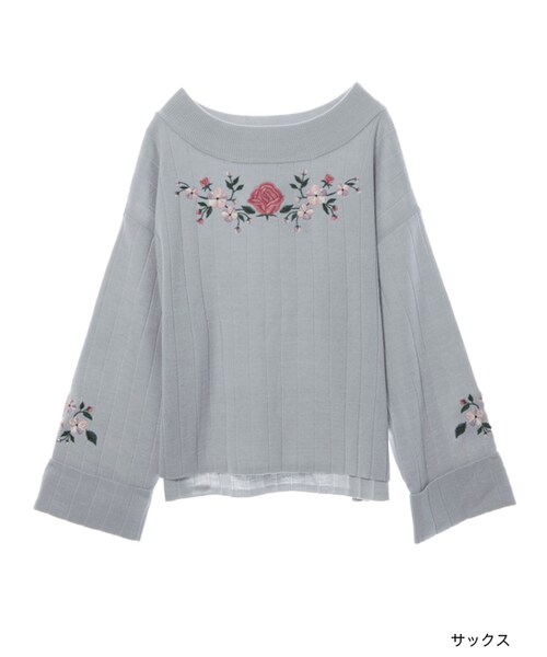 w closet（ダブルクローゼット）の「刺繍入りワイドネックニット（トップス・レディース・サックス/Mピンク/ブラック・FREE）」の2枚目の写真