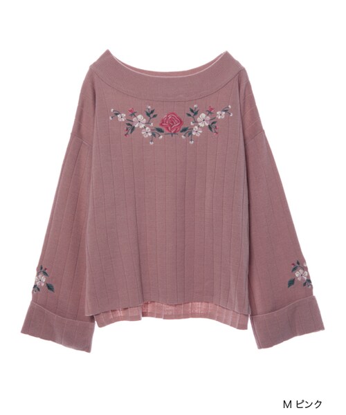 w closet（ダブルクローゼット）の「刺繍入りワイドネックニット（トップス・レディース・サックス/Mピンク/ブラック・FREE）」の3枚目の写真