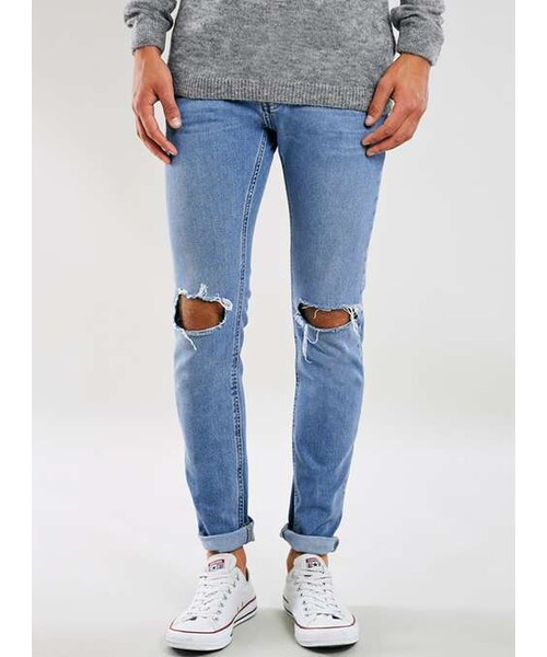 TOPMAN（トップマン）の「Blue Mid Wash Ripped Stretch Skinny Jeans（デニムパンツ・メンズ・Blue・30S/32R/36R）」の3枚目の写真