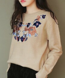 DHOLIC | ラウンドネックフラワー刺繍ニットプルオーバー(ニット/セーター)