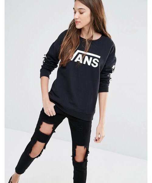 VANS（バンズ）の「Vans Black Logo Crew Neck Sweatshirt With Checkerboard Sleeve（スウェット）」 WEAR