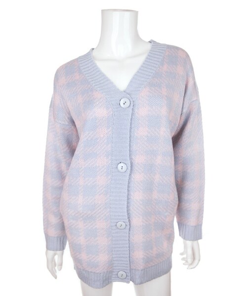 Bobon21（ボボンニジュウイチ）の「チェック柄コーディガン（カーディガン/ボレロ・レディース・ボルドー×ネイビー/ブルー×ピンク・M）」の2枚目の写真