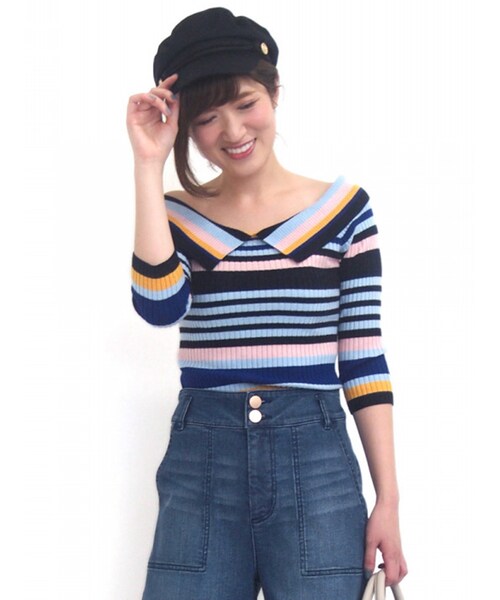 31 Sons de mode（トランテアン　ソン　ドゥ　モード）の「≪新作≫マルチボーダーロールカラープルオーバー（トップス・レディース・サックス×オフボーダー/ブラック×オフボーダー/ブラックムジ・36）」の4枚目の写真