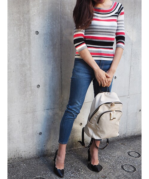 31 Sons de mode（トランテアン　ソン　ドゥ　モード）の「≪新作≫マルチボーダーロールカラープルオーバー（トップス・レディース・サックス×オフボーダー/ブラック×オフボーダー/ブラックムジ・36）」の5枚目の写真