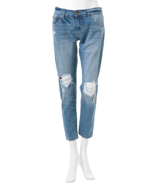 GRL（グレイル）の「ニークラッシュボーイズデニム（デニムパンツ・レディース・ブルー/ライトブルー・S）」の2枚目の写真