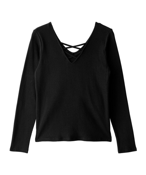 GRL(グレイル)の「フロントクロスVネックテレコトップス(Tシャツ/カットソー・レディース・ブラック・M)」の1枚目の写真