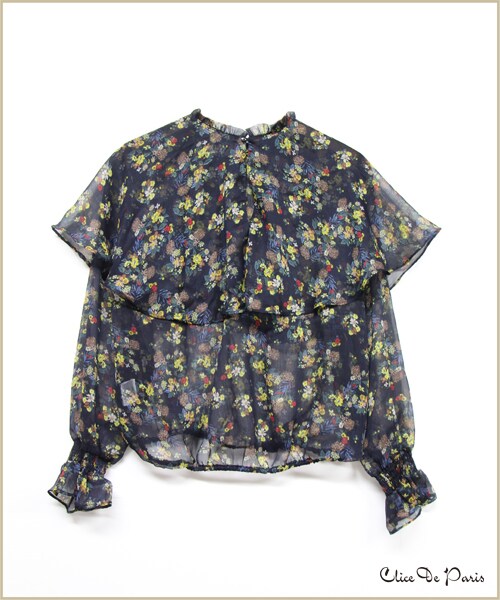 paravion（パラビオン）の「K/花柄プリントケープカラーブラウス（トップス・レディース・ネイビー/イエロー・ワンサイズ）」の2枚目の写真