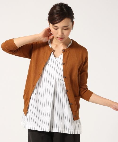 GLOBAL WORK（グローバルワーク）の「【WEB限定価格】12ゲージコットンリネンクルーカーディガン/7分袖（カーディガン/ボレロ・レディース・ボルドー38/オレンジ45/ブラウン55/イエロー65/カーキ78/ブルー85/ネイビー87・S/M/L）」の11枚目の写真