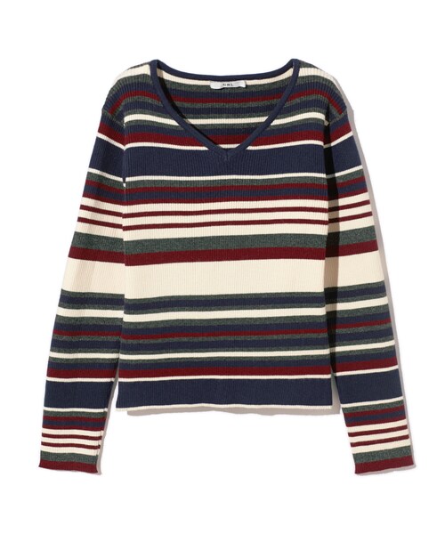 GRL（グレイル）の「マルチボーダーVネックニットトップス（ニット/セーター・レディース・ピンク/ネイビー・M）」の2枚目の写真