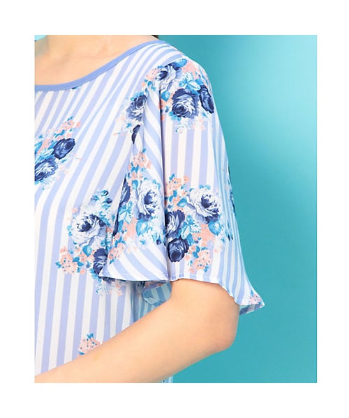 美品　ナラカミーチェ　ストライプに花柄のフレアスリーブブラウス NARACAMICIE（ナラカミーチェ）の「ナラ カミーチェ ストライプ