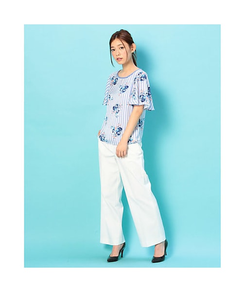 美品　ナラカミーチェ　ストライプに花柄のフレアスリーブブラウス NARACAMICIE（ナラカミーチェ）の「ナラ カミーチェ ストライプ