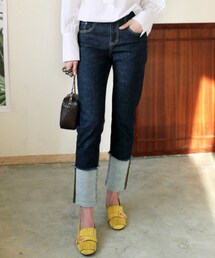 DHOLIC | ハイウエストロールアップヘムインディゴデニムパンツ(デニムパンツ)